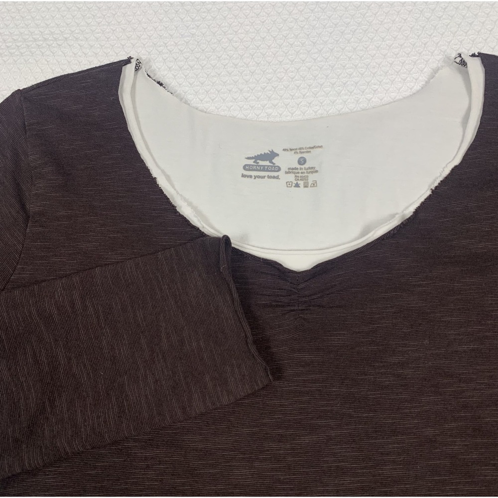 VTG Horny Toad Toad&Co Layered Long Sleeve Shirt Womens Small Brown White Cotton